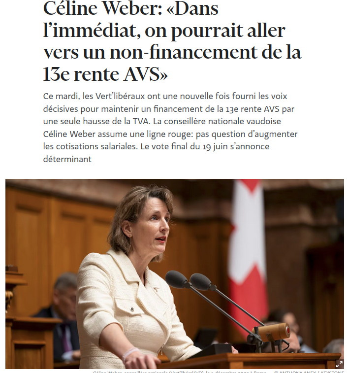 Ce mardi, les Vert’libéraux ont une nouvelle fois fourni les voix décisives pour maintenir un financement de la 13e rente AVS par une seule hausse de la TVA. La conseillère nationale vaudoise Céline Weber assume une ligne rouge: pas question d’augmenter les cotisations salariales. Le vote final du 19 juin s’annonce déterminant
